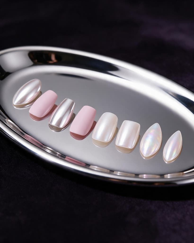 Huit capsules sur un plateau chromé : formes amande, carrée et ovale, en rose laiteux, nacré, chrome argent et irisé.