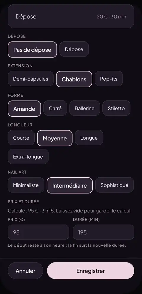 Capture animée de l’app Cuty côté pro : sur la fiche d’un rendez-vous accepté, la prothésiste touche « Modifier la prestation » et passe le nail art de Minimaliste à Intermédiaire ; le calcul passe de 85 € · 3 h à 95 € · 3 h 15.