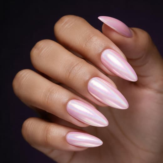 Ongles longs en amande pointue, rose pâle irisé effet chrome.