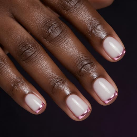 Ongles courts carrés blanc laiteux, bord libre en chrome rosé, sur peau foncée.
